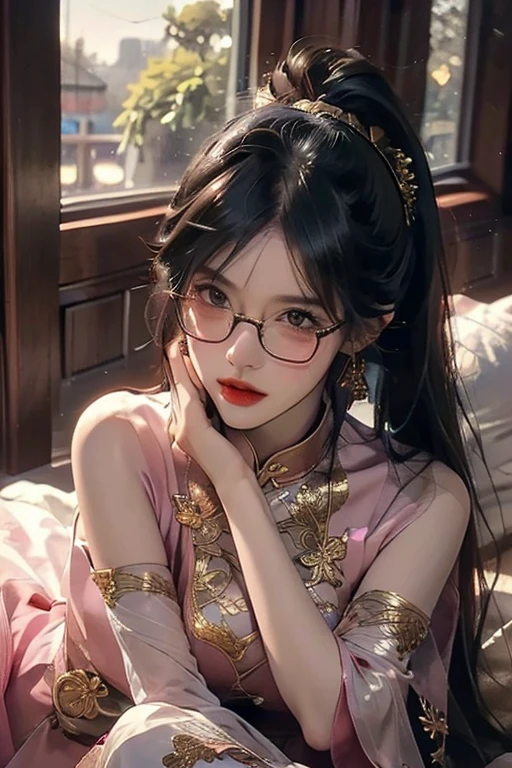 Transparent watercolor, masterpiece, best quality, ultra detailed、((A pretty mature woman wearing black framed glasses、Long hair in a dark pink ponytail with bangs))、A very short, sleeveless, white Chinese dress with gold embroidery.、Garter belt and stockings、Black underwear、