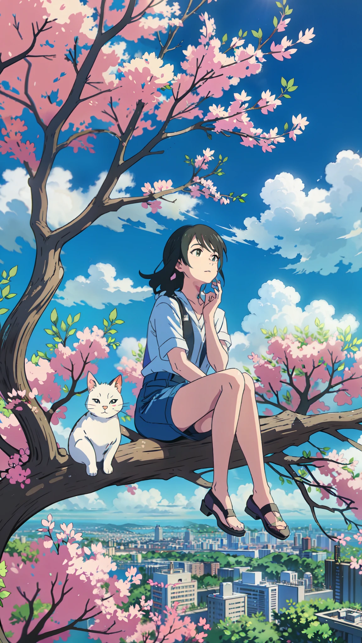 a woman sitting on top of a tree next to a cat, makoto shinkai and artgerm, makoto shinkai ( apex legends ), matoko shinkai, very beautiful anime cat girl, anime still image, sakimichan and makoto shinkai, anime visual of a cute cat, fiona staples and makoto shinkai