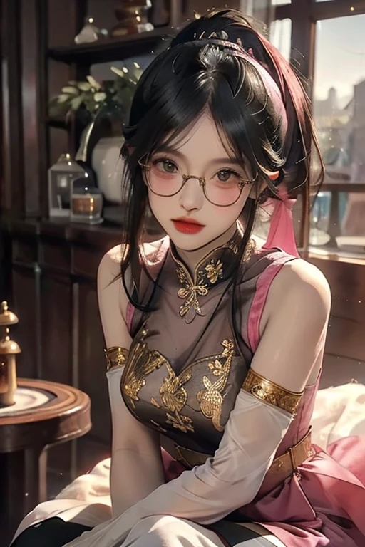 Transparent watercolor, masterpiece, best quality, ultra detailed、((A cute mature woman with a round face wearing black framed glasses、Long hair in a dark pink ponytail with bangs))、A very short, sleeveless, white Chinese dress with gold embroidery.、Garter belt and stockings、Black underwear、Looking down at the camera、Cowboy Shot