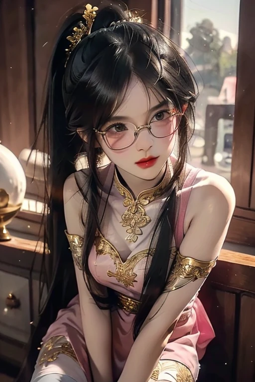 Transparent watercolor, masterpiece, best quality, ultra detailed、((A cute mature woman with a round face wearing black framed glasses、Long hair in a dark pink ponytail with bangs))、A very short, sleeveless, white Chinese dress with gold embroidery.、Garter belt and stockings、Black underwear、Looking down at the camera、Cowboy Shot