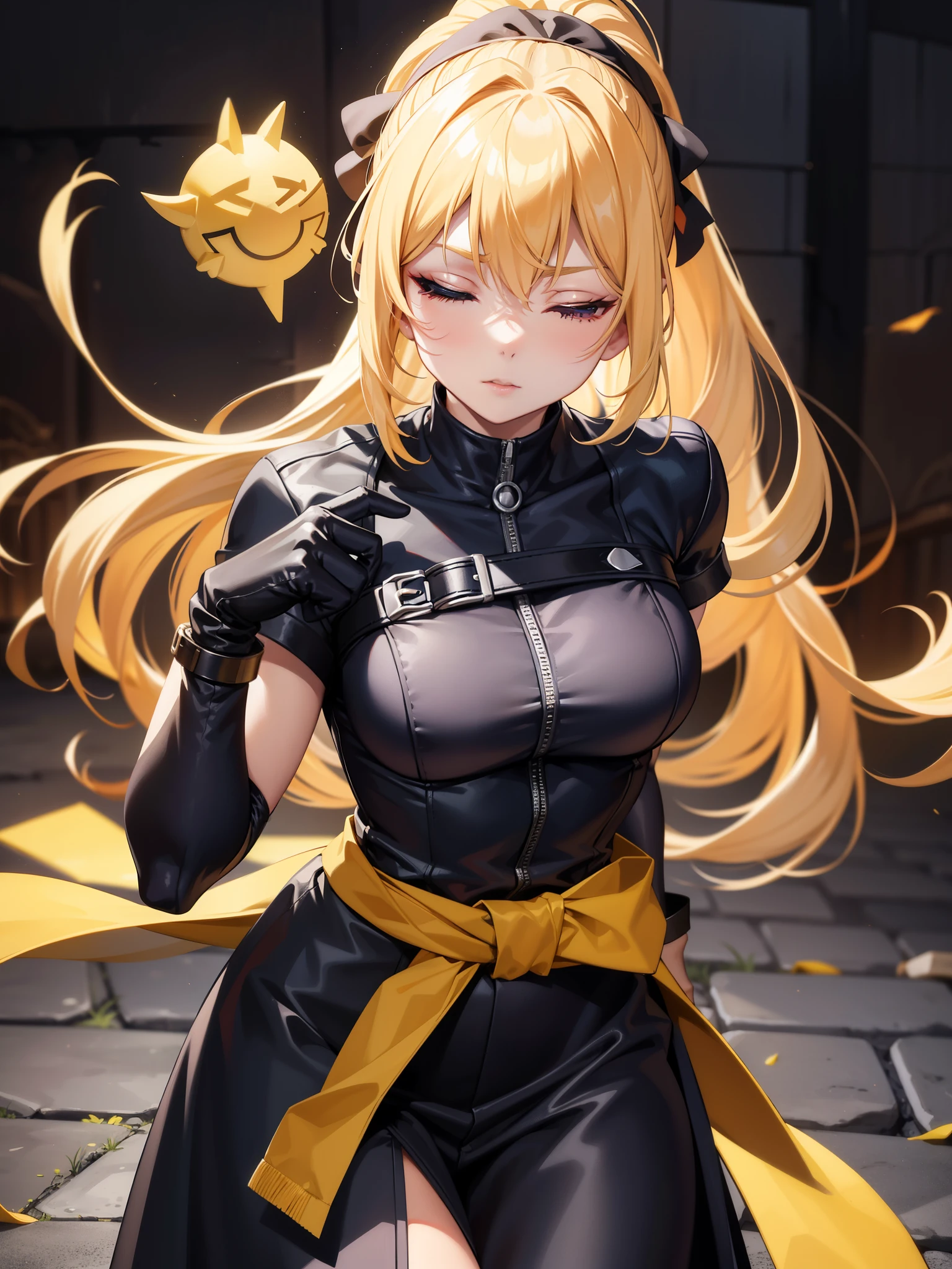 score_9、score_8_up、score_7_up、source_anime、Very aesthetic、Anime Screen Capture、Anime Coloring、Lidia Sobieska、Lidia Sobieska \(Iron fist\)、One woman、solo、chest、Blonde Hair、gloves、中くらいのchest、Eyes closed、ponytail、hair band、黒いgloves、指なしgloveuscular、head band、scar、顔のscar、目の周りのscar、赤いhair band、Clothes around the waist、Uniform、赤いhead band、Martial arts belt