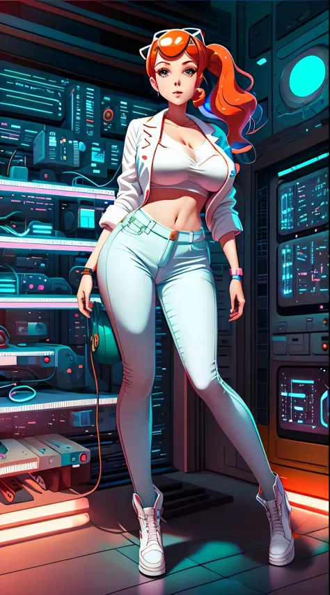 Sonia from pokemon, 1girl:1.5, sexy body, milf, tight jeans, lab coat, navel, masterpiece,(bright white sci-fi labratory:1.5), (...