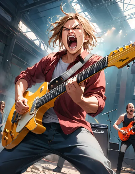 realistic, cg illustration, raw photoのような, swinging an electric guitar, rock, guitarist, folding a guitar, angry, an absurd life...