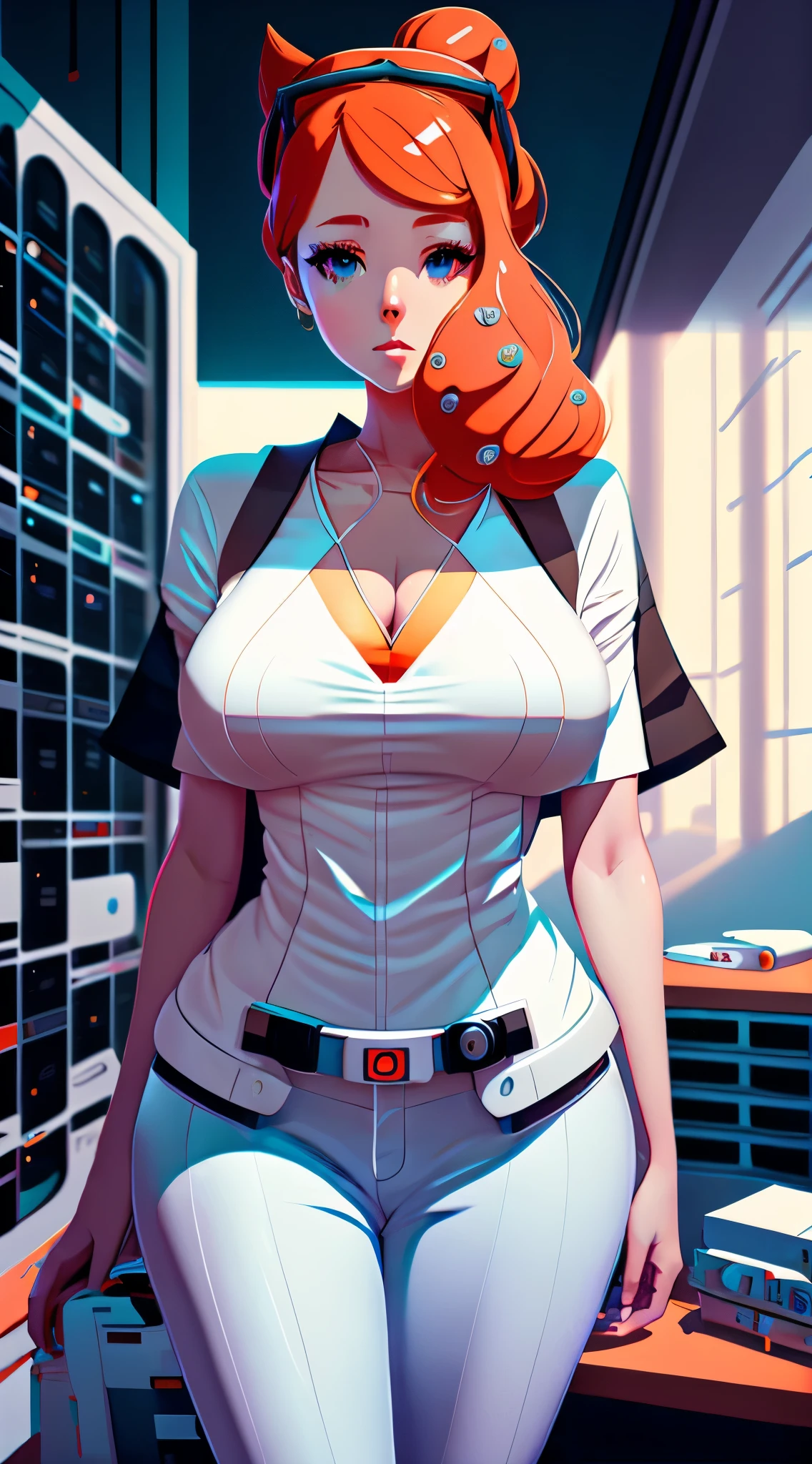 Sonia from pokemon, 1girl:1.5, long legs, sexy body, milf, tight jeans, lab coat, masterpiece,(white sci-fi labratory:1.5), masterpiece, high quality，best qualtiy，cinematic lighting，masterpiece，）, (cleavage:1), (big breast), depth of field, front view, full body, (highheels), designed by Gucci::3, tumblr, inspired by Yanjun Cheng style, digital art, meme lofi internet girl, trend in dezeen, catalog photo, 3 d render beeple, rhads and lois van baarle, cartoon style illustration, bright pastel colors, a beautiful art illustration, --ar 2:3 --q 2