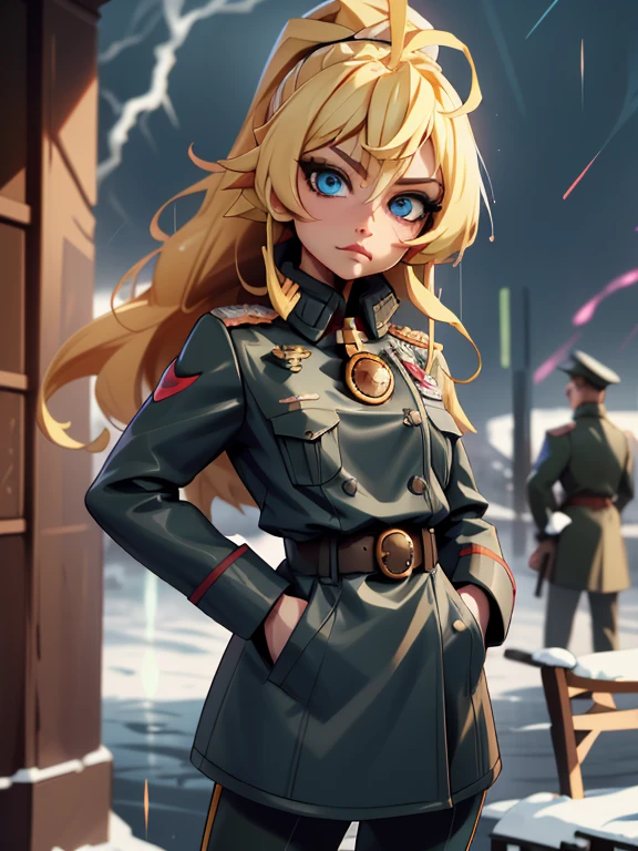 score_9, score_8_up, score_7_up BREAK TanyaDegurechaff, 1girl, solo, long hair, looking at viewer, blush, bangs, blue eyes, blonde hair, long sleeves, hair between eyes, closed mouth, standing, ponytail, ahoge, sidelocks, cowboy shot, outdoors, belt, blurry, uniform, coat, wet, military, military uniform, cross, rain, epaulettes, hand in pocket, black coat, hands in pockets, wet hair, source_anime, 