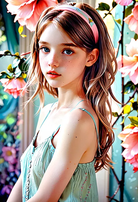 (кинематографическое фfromо:1.3) from (Фfromо до бедер:1.3),(skinny:1.3) Beautiful 12 year old girl, (complex brown hair), высок...