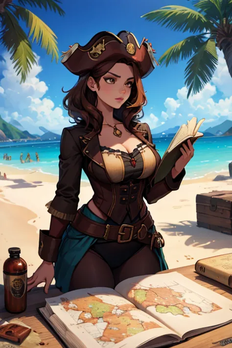 A brown haired woman with copper eyes and an hourglass figure in a pirate's outfit is reading a map on the beach