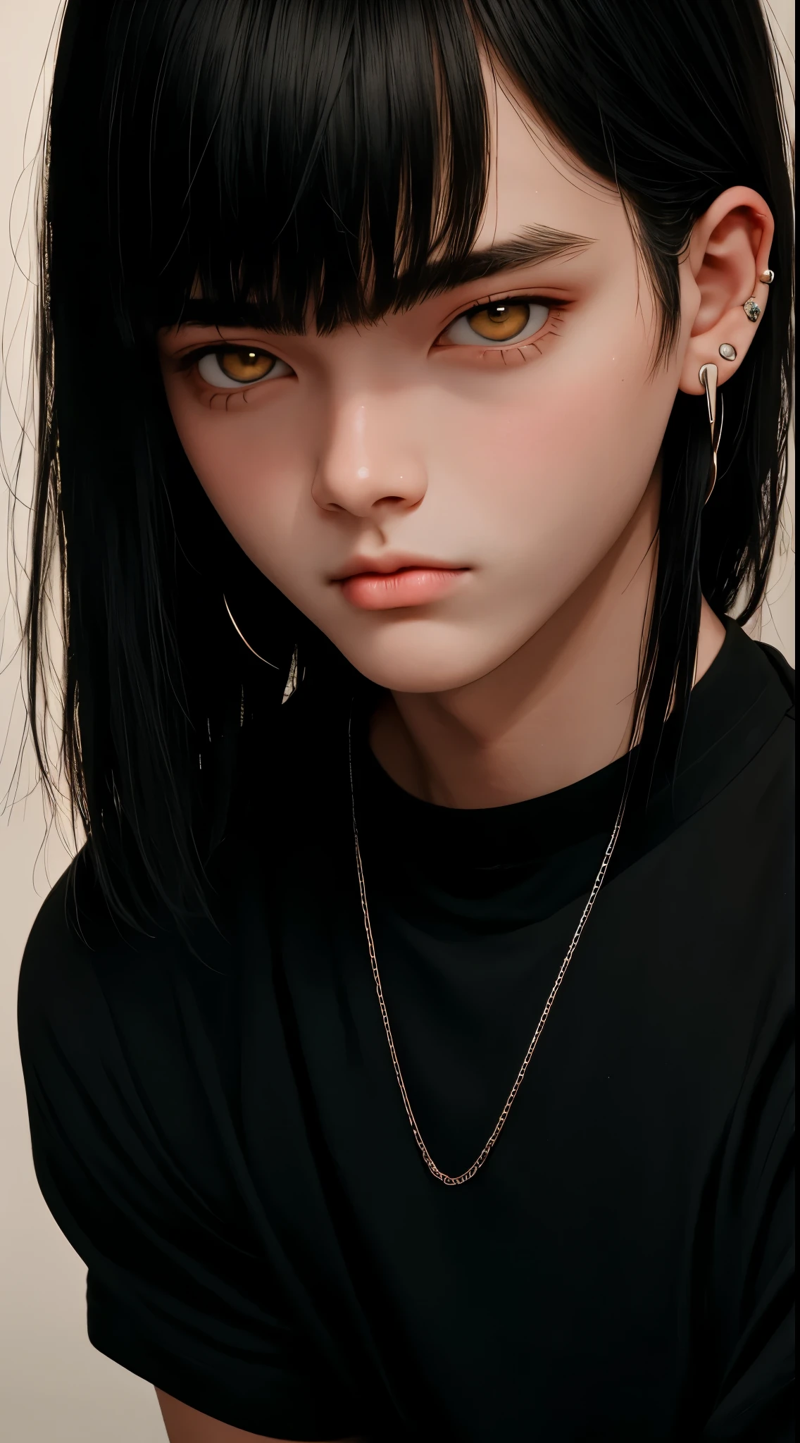 1 boy, handsome delicate boy, 18 years old, fair skin, long black hair with bangs, yellow eyes, soft and plump lips, long eyelashes, delicate and cute appearance, soft and smooth skin, ear and lip piercings, subtle makeup, oversized white shirt, cargo pants, white sneakers, looking at camera, highly detailed, 8k, photorealistic, cinematic lighting, beautiful portrait