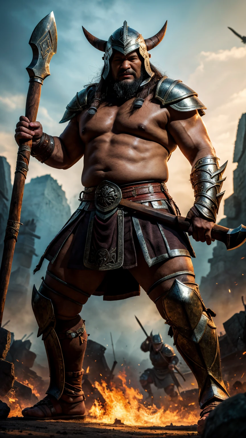 looking at me, face focus, a robust build villain barbarian, mid combat, He is a ferocious Japanese fat barbarian, intense battle scene, leather and iron armor, armored short skirt, viking helmet, holding a double edged ancient legendary axe, legs exposed from thighs to feet, fierce warriors, ancient battlefields, epic showdown, battleground background, masterpiece, volumetric lighting, Dramatic, Uighur the Warden, ((ultra sharp)), ((masterpiece)), ((best quality)), ((ultra detailed)), ((intricate details)), Inguinal region detailed, Dilapidated, smirking, breathtaking action, 