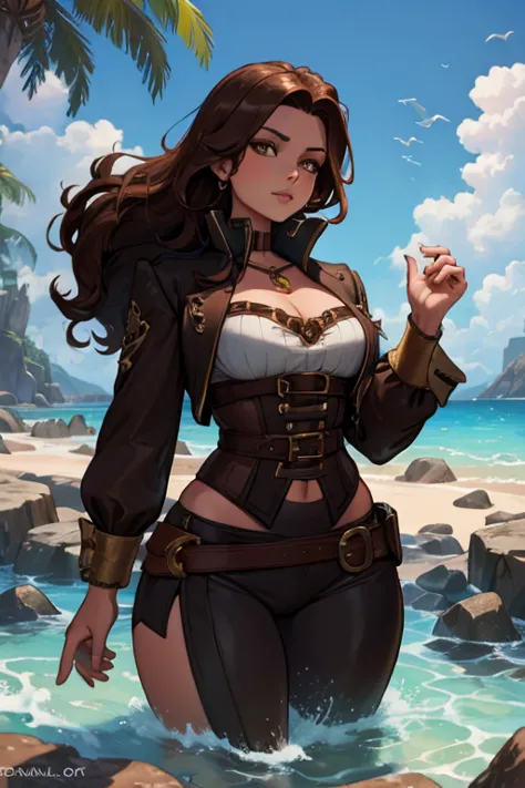 A brown haired woman with copper eyes and an hourglass figure in a pirate's outfit is exploring a sea cave