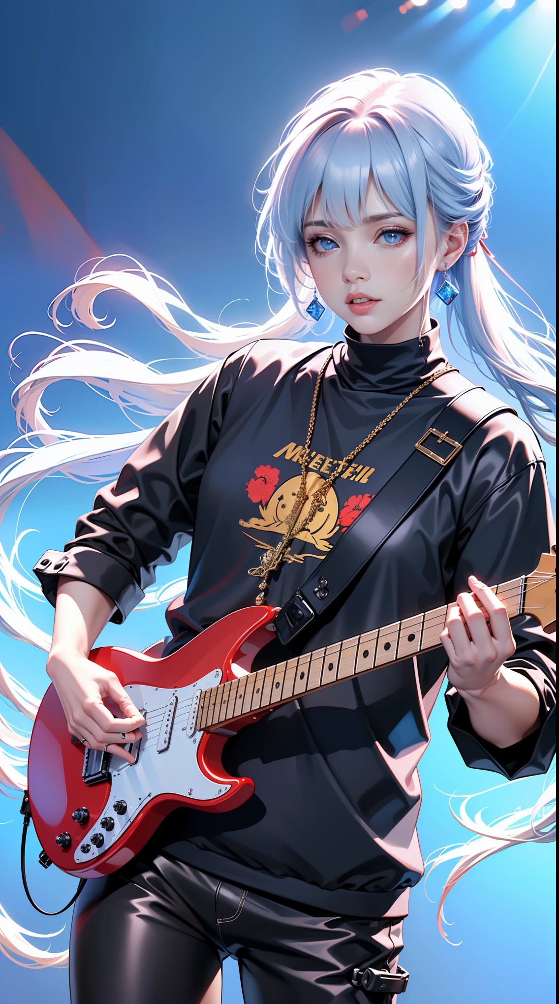 A guitarist rocking out on stage,rock music,power of music,stage lights,enthusiastic audience,heavy metal guitar,live performance,(best quality,4k,8k,highres,masterpiece:1.2),ultra-detailed,(realistic,photorealistic,photo-realistic:1.37),HDR,UHD,studio lighting,extreme detail description,professional,vivid colors