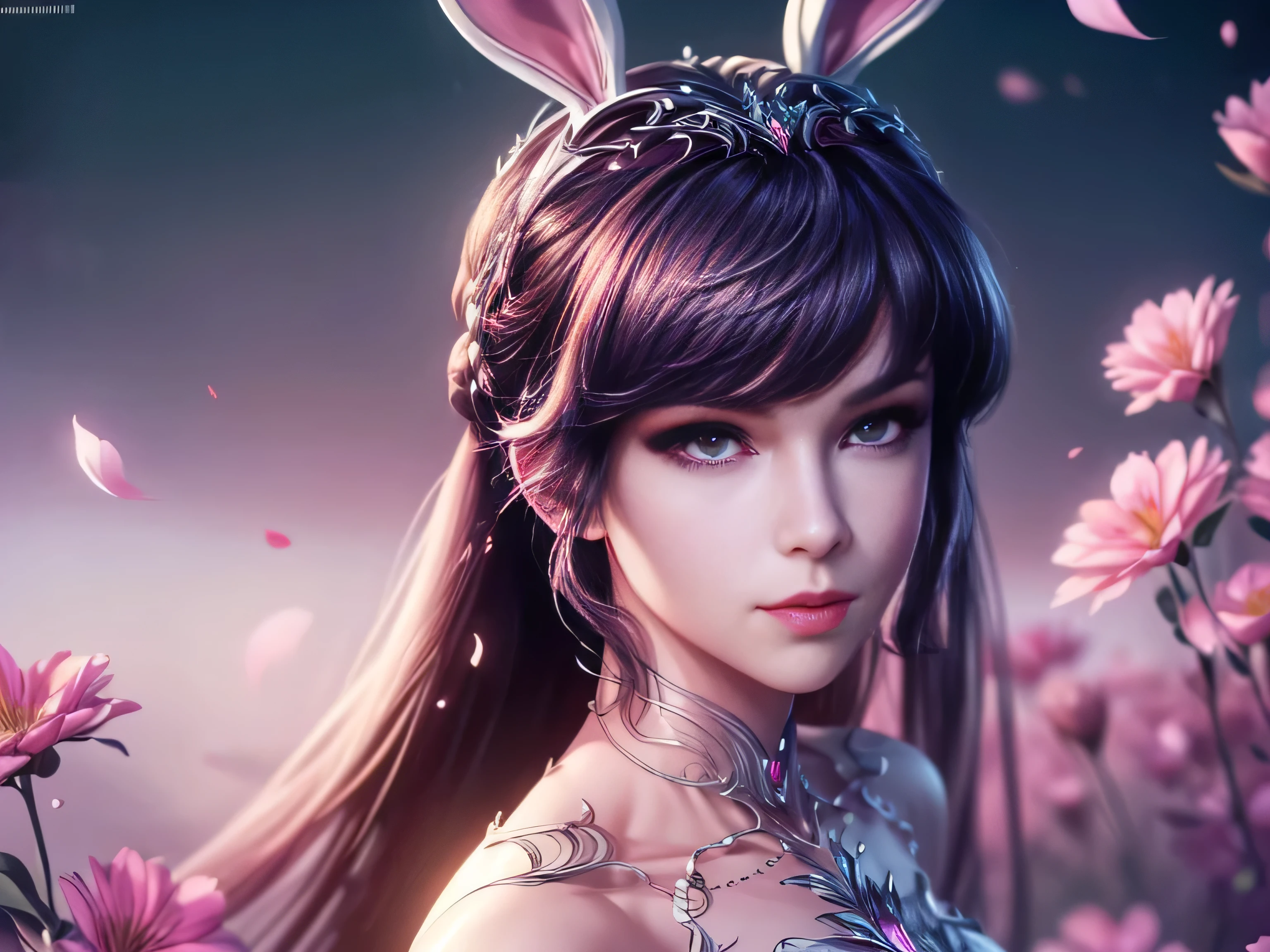 (Best Quality, 8K, Masterpiece, HDR, Soft Lighting, Picture Perfect, Realistic, Vivid), Bunny Girl (1.0), Bunny Girl with Pink Hair and Sexy Skimpy Clothes, pink bodysuit with glitter texture, Beautiful anime fantasy, Very beautiful and cute bunny girl, rain of pink flower petals, background blur, anime fantasy, work in Gouves style, realistic: 1.37, top view, lying in pink flowers, horizontal view, (Ultra High Quality Fantasy Art), Masterpiece, Female Model, Ultra High Quality Female Character Designs, Detailed 8k Anime Art, Realistic Anime Art, Highest Quality Wallpapers, Intricate Ultra High Quality Accurate Female Characters Faces, High Quality Designs and Accurate Physics (Fantasy- ultra-high quality art), dark fantasy style), masterpieces, super high quality characters, anime resolution - 8K, realistic anime art, wallpapers with the highest quality illustrations, ultra-high facial detail, high-quality design and accurate physics), color, depth of field, shadows, ray tracing, high quality workmanship. -high-quality and 8K resolution, (Accurate simulation of the interaction of light and materials)], [High-quality hair detail [More about beautiful and shiny white hair]], (Beautifully detailed hands [perfect fingers [Perfect nails]]]]]], (perfect anatomy (perfect proportions)))) [[Full-length]], [Perfect combination of colors (Accurate imitation of the interaction of light and material)], [art that conveys the meaning of history]