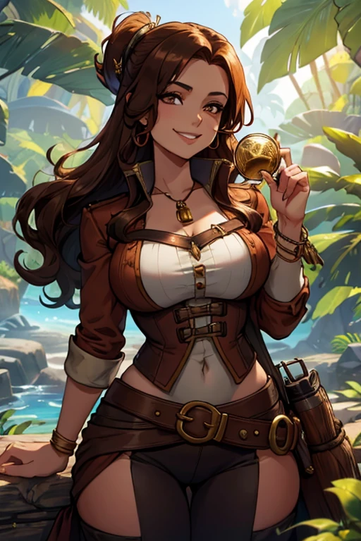 A brown haired woman with copper eyes and an hourglass figure in a pirate's outfit is holding a gold coin in the light in the jungle with a big grin