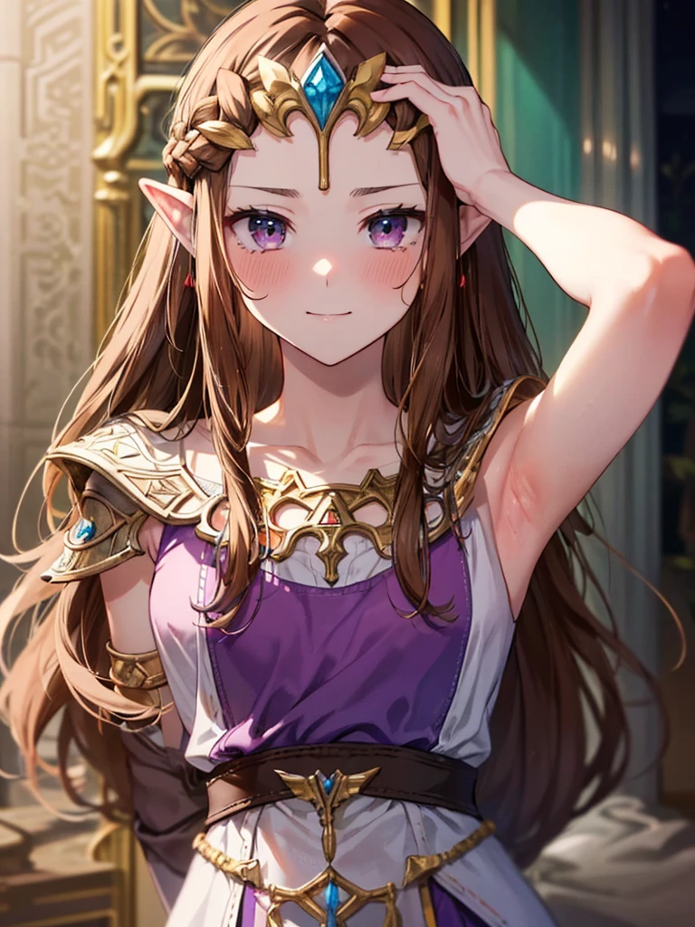 ((The eyes are not far apart)),((bangs)),((Golden hair ornament)),((((Front face)))),((((Adult expression)))),((((Beautiful Face)))),((((dress)))),((smile)),(((Long Hair)))),((((Straight Hair)))),((Exposed armpits)),((((Dark brown hair)))),Princess Zelda, ((highest quality)),,(Very detailed) ,((Purple blouse)),((Put your arms behind your back)),Brown Hair,((Embarrassed look)),Blushing, ((highest quality)), (Very detailed),((Details)),(((pray))),Nintendo, The Legend of Zelda),crying face,Blushing,((alone)), ((highest quality)), (Very detailed), ,