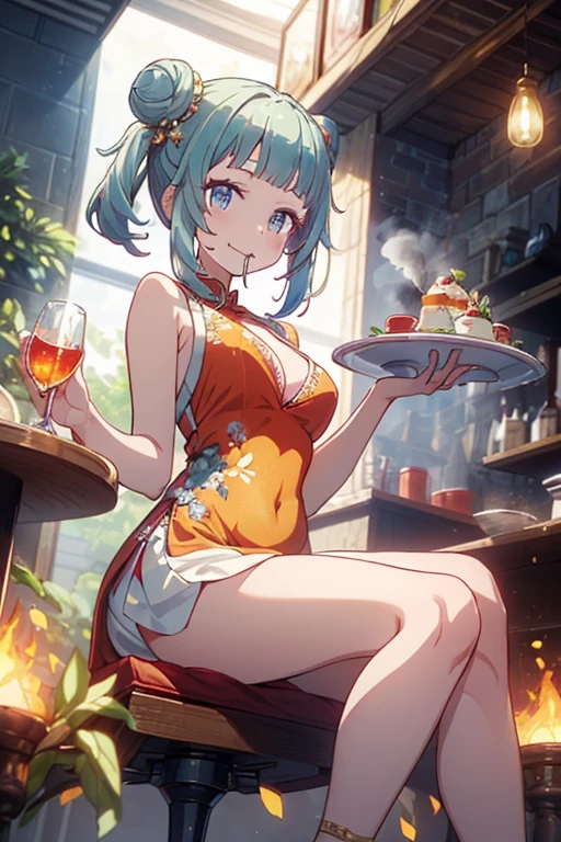 (((Masterpiece))),(((Super Detail))),(((in 8K))),(((best composition))),(((Rim lighting,Fireglow effect,deep shadow))),solo,(Hatsune Miku:1.0),beautiful detailed eyes,double bun with glittering hair ornament,(super detailed glossy skin:1.3),slender body,tits,goddess smile,((mouth little smile open)),beautiful posture,cheongsam dress,(blue with silvr gold thread embroidery,super delicate floral pattern:1.2),seductive cleavage:1.3,beautiful glossy legs,shiny red high heels,lifting dishes with cakesd,french restaurant,hustle and bustle,rising steam,(((depth of fields)))
