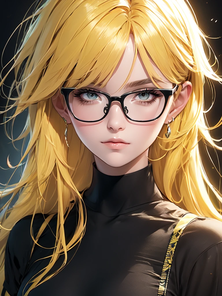  close-up image of a yellow-haired person female wearing a black shirt, digital art, glasses artwork in the  anime style. 8k, trending on cgstation, 8k)).