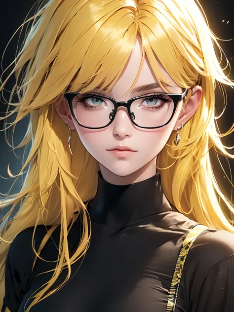  close-up image of a yellow-haired person female wearing a black shirt, digital art, glasses artwork in the  anime style. 8k, tr...