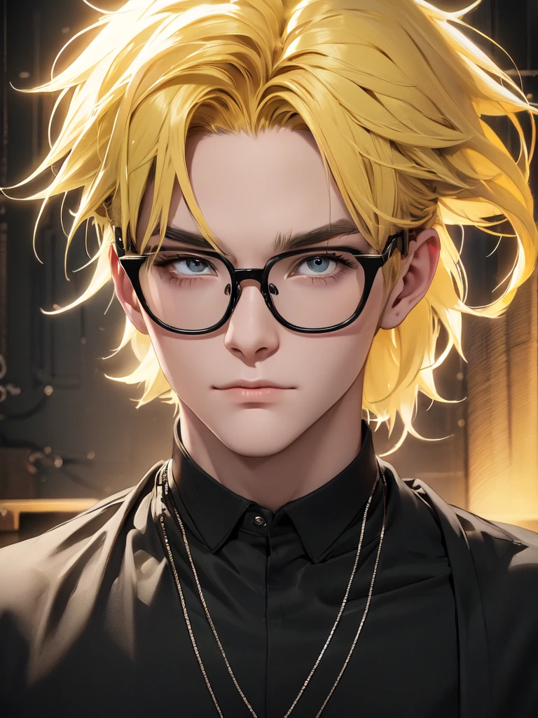  image en gros plan d&#39;un homme aux cheveux jaunes portant une chemise noire, art numérique, illustration de lunettes dans le style anime. 8k, tendance sur cgstation, 8k)).