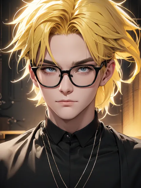 close-up image of a yellow-haired person male wearing a black shirt, digital art, glasses artwork in the  anime style. 8k, tren...