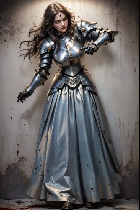 masterpiece, best quality photo realistic, a 40 years old woman in armor is raising one hand, female knight, female paladin, eng...