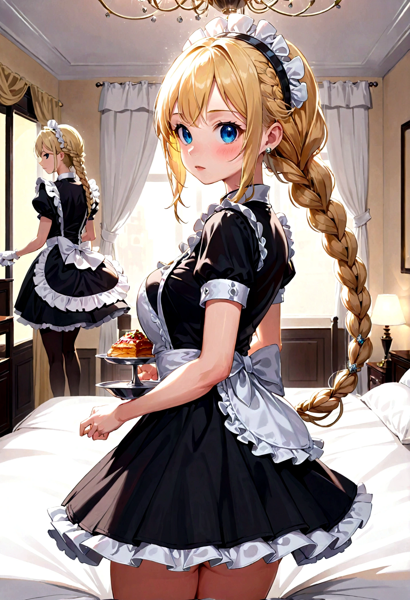 Shiny blond hair, very long hair, sophisticated haircut, ((((hair fully braided)))), ((small twisted braids)), thin and oval face, submissive, (((gagged))), ((((very cute maid girl)))), ((((very cute black maid dress)))), ((((cute waitress serving a blond man)))), cute and blushing 18 years old anime girl, look away because she is embarrassed and blushes, bright blue eyes, detailed face, detailed members, detailed arms, detailed hands, ((((sparkling diamond jewelry)))), tiara, ((makeup)), high heels, puffy sleeves, long gloves, long eyelashes, maid costume, maid dress, maid girl, (arms behind the back:1.4), (hands on the back), (masterpiece, best quality) 1.5, 1girl, solo, (sexy, beautiful woman, perfect face, perfect eyes, perfect hands), samus aran, (arms behind the back:1.4), (hands on the back), Spread the legs, s&#39; ((lie in bed by big ropes)), ((close up of the girl)), ((((lie in bed))))