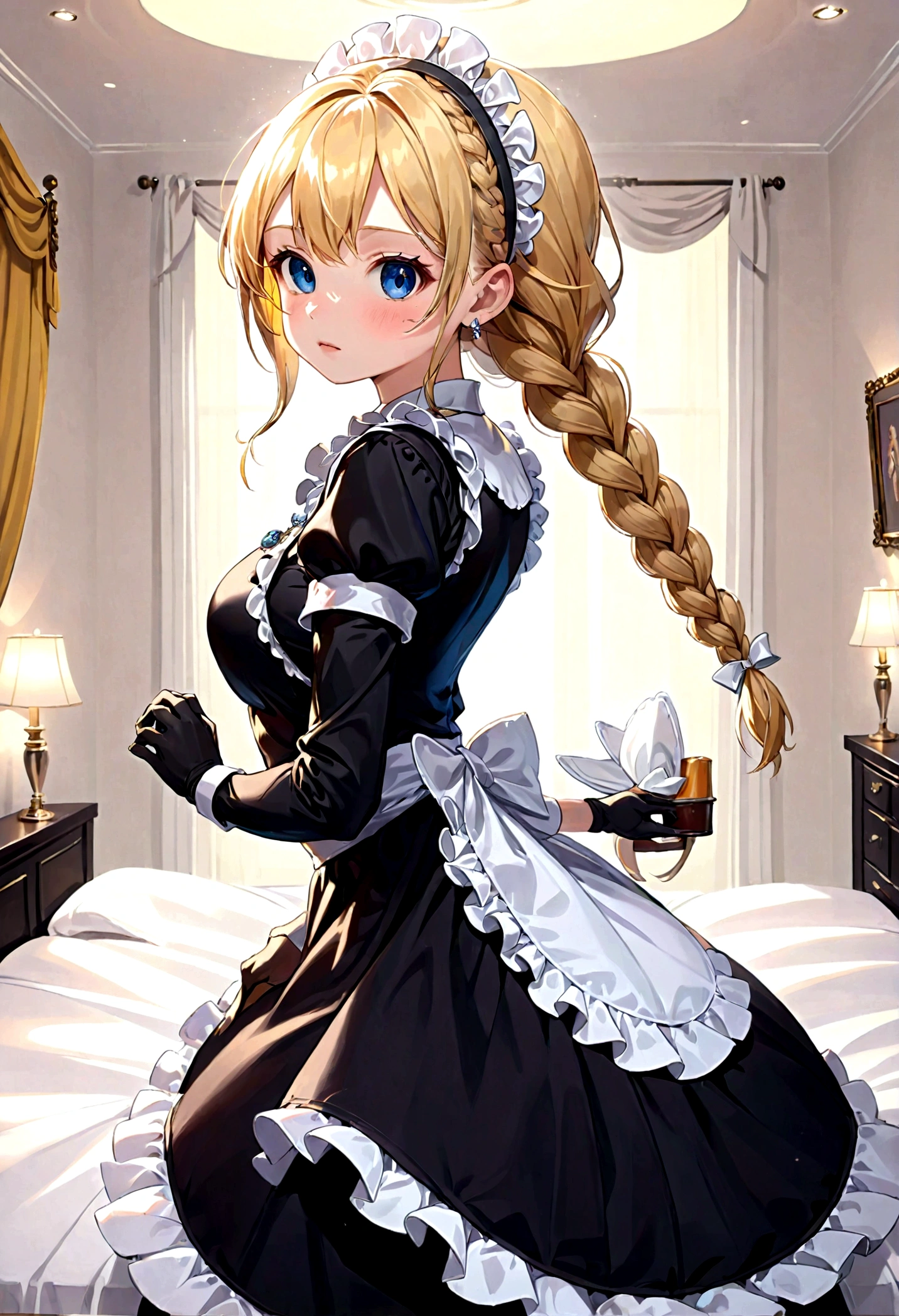 Shiny blond hair, very long hair, sophisticated haircut, ((((hair fully braided)))), ((small twisted braids)), thin and oval face, submissive, (((gagged))), ((((very cute maid girl)))), ((((very cute black maid dress)))), ((((cute waitress serving a blond man)))), cute and blushing 18 years old anime girl, look away because she is embarrassed and blushes, bright blue eyes, detailed face, detailed members, detailed arms, detailed hands, ((((sparkling diamond jewelry)))), tiara, ((makeup)), high heels, puffy sleeves, long gloves, long eyelashes, maid costume, maid dress, maid girl, (arms behind the back:1.4), (hands on the back), (masterpiece, best quality) 1.5, 1girl, solo, (sexy, beautiful woman, perfect face, perfect eyes, perfect hands), samus aran, (arms behind the back:1.4), (hands on the back), Spread the legs, s&#39; ((lie in bed by big ropes)), ((close up of the girl)), ((((lie in bed))))