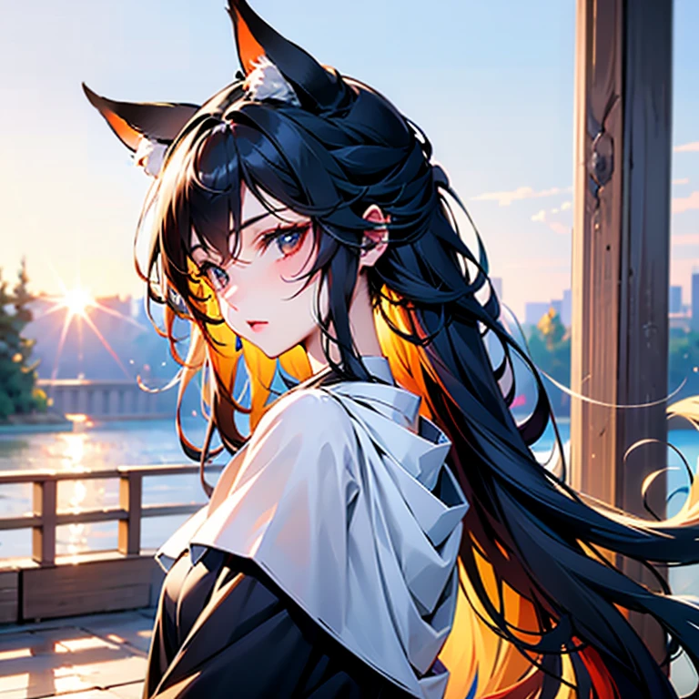 One Girl, Fox Girl, Fox&#39;s Tail, Nine-Tailed Fox,Fox Ears, Black colored hair, Fox Makeup,One Girl, Kimono with open chest, Body size is 100-70-90!, Nice body, Avatar, face, Open chest, lewd face, Dominant representation, naughty face, Big Breasts, Emphasize cleavage,Show bare skin, Skin is visible, With legs apart, Show off your thighs, M-shaped legs, A beautifully patterned kimono,Red and black flowing water pattern kimono, I can see her cleavage, Muscular, Uplifting, Abdominal muscles, Exposed skin, Long Hair, Skin Texture, Soft breasts, Large Breasts, Standing in a grassy field, outside, Blue sky,Composition facing directly ahead, Grab your breasts with both hands, Fingers digging into breasts, Developmental atmosphere, god秘的な絵, god々Cool atmosphere