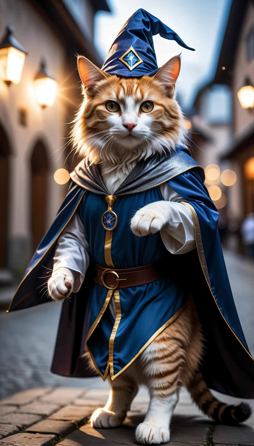 Cat, ((Wizard Costume)), Spectacular Scene, Dynamic Camera, Backlight, (close:1.2), High quality photos, Three-point lighting, flash with softbox, 4K, Canon EOS R3, High resolution, Smooth, Sharp focus, High resolution, Award-winning photo, 80mm, F2.8, Bokeh