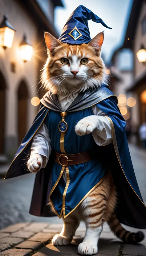 cat, ((wizard costume)), spectacular scene, dynamic camera, backlight, (close:1.2), high quality photos, three-point lighting, f...