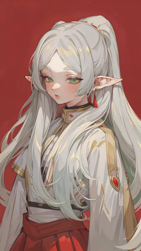 Painted from waist up, Honey, ((Solitary)), ((solo)), Fair skin, Long gray hair, Symmetrical hairstyle, (Elf ears), Green Eyes, ...