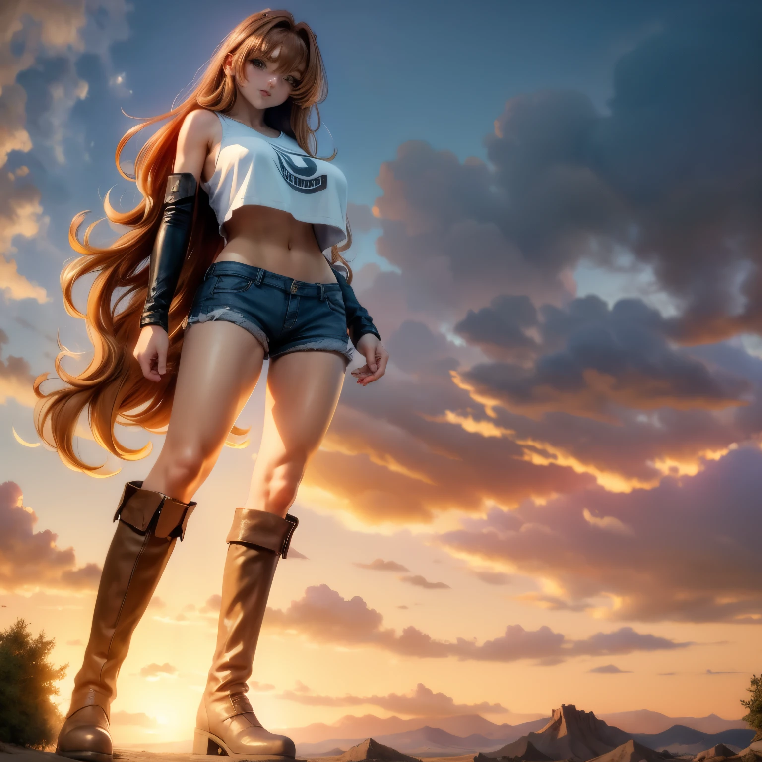 soft lighting, backlit, extremely tall American teenager, aged 18, full body view, innocent, looking aside, sfw, giantess, with tiny people, (skinny), (arafed), (slim), hidden symmetric breasts, loose plain tucked-in scoop-neck short-sleeved t-shirt, daisy dukes, cut-off shorts, plain thigh-high brown leather boots, detailed beautiful bright symmetric eyes, outdoors, scenery, blonde/auburn hair, big huge enormous massive colossal gigantic breasts, topheavy, big flowing extremely long hair with waves, bangs