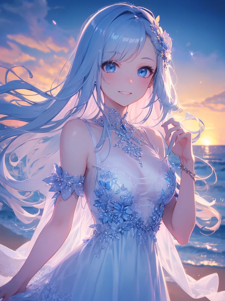 art by Cornflower,(master piece),(4k),high quality,small breasts,1girl,beautiful pastel blue hair,pale skin,beautiful smile,beautiful detailed blue eyes,light blue dress,multilayered outfit, (Highly detailed elegant), like a dream and happiness atmosphere, Detailed skin, Bokeh, Silky to the touch, Hyper Detail,soft pastel tones,cinematic lighting,in beach