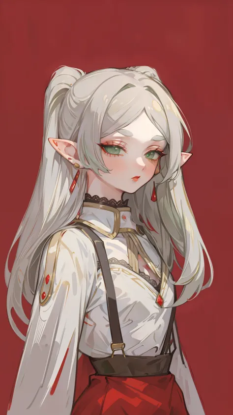 Painted from waist up, Honey, ((Solitary)), ((solo)), Fair skin, Long gray hair, Symmetrical hairstyle, (Elf ears), Green Eyes, ...