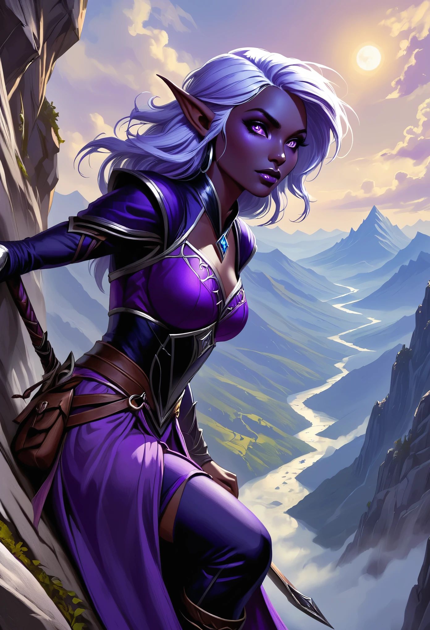 Close-up shot of a woman in a purple dress climbing a mountain, Noah Bradley (Noah Bradley) Inspiring Portraits, cg Social Hotspot, Fantasy Art, Drow, perfect Drow, female Drow elf, Drow ranger, Dark Elves maiden, handsome Drow, Dark Elves, beautiful Dark Elves countess, from Pathfinder, Dark Elves princess