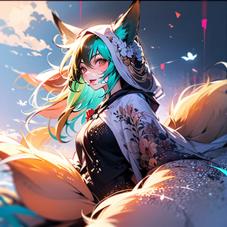 One Girl, Fox Girl, Fox&#39;s Tail, Nine-Tailed Fox,Fox Ears, Black colored hair, Fox Makeup,One Girl, Kimono with open chest, Body size is 100-70-90!, Nice body, Avatar, face, Open chest, lewd face, Dominant representation, naughty face, Big Breasts, Emphasize cleavage,Show bare skin, Skin is visible, With legs apart, Show off your thighs, M-shaped legs, A beautifully patterned kimono,Red and black flowing water pattern kimono, I can see her cleavage, Muscular, Uplifting, Abdominal muscles, Exposed skin, Long Hair, Skin Texture, Soft breasts, Large Breasts, Standing in a grassy field, outside, Blue sky,Composition facing directly ahead, Grab your breasts with both hands, Fingers digging into breasts, Developmental atmosphere, god秘的な絵, god々Cool atmosphere, Holding a Japanese sword