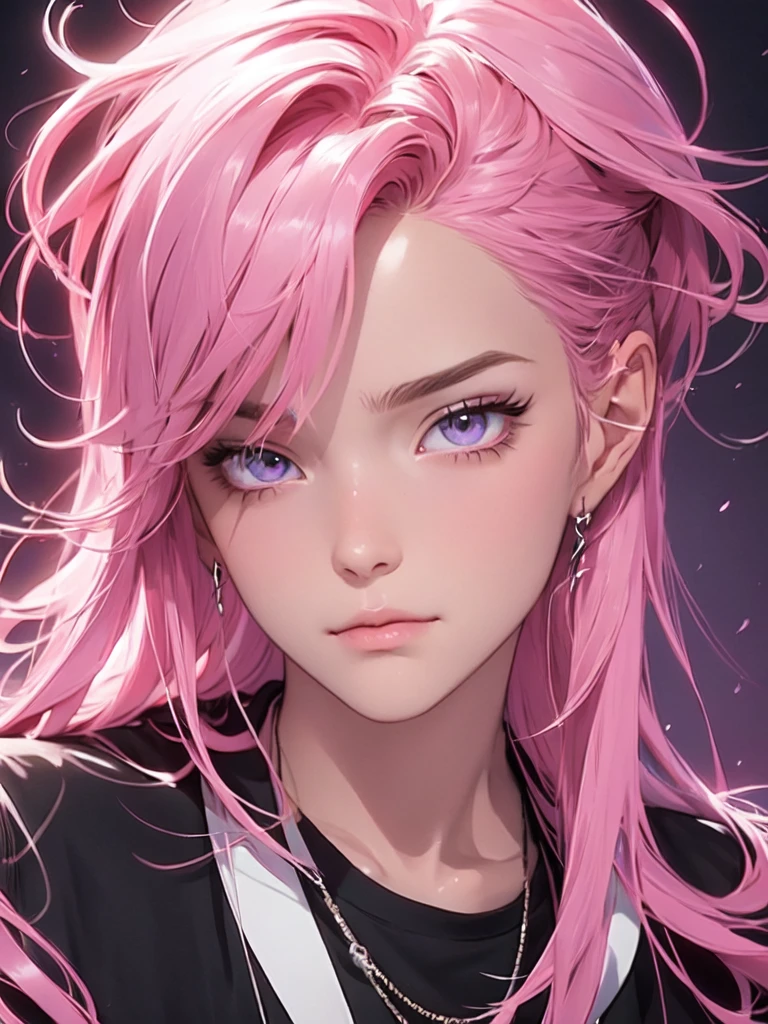  Gros plan sur une personne aux cheveux roses, de sexe masculin, portant un t-shirt noir, visage complet, art numérique, oeuvre d&#39;art dans le style anime. 8k, tendance sur cgstation, 8k)).