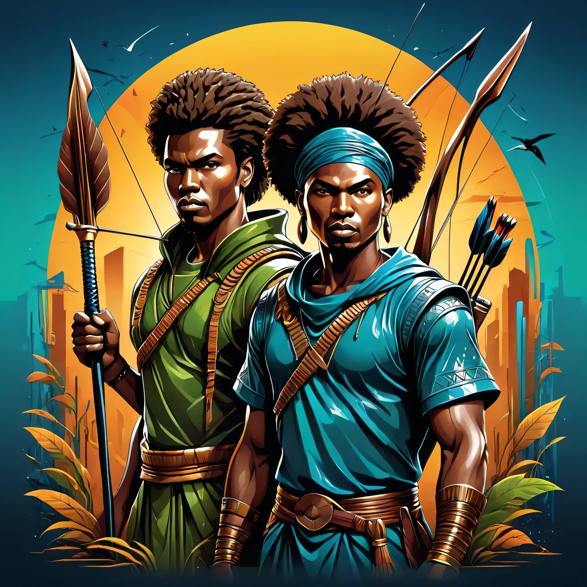 Vector t-shirt art design, centered, 80s dark fantasy movie, two black men in African warrior clothes holding sword and bow and arrow, blue clothes, green clothes, African gods of hunting, afrofuturism, afrofuturism fashion, ultra quality, masterpiece, intricate details, very detailed, beautiful face, 8K, cinematic scene, photorealistic