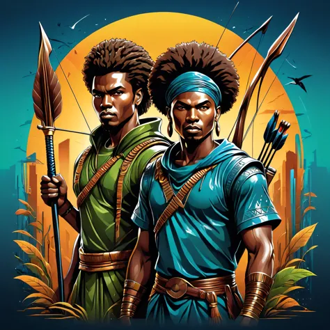 vector t-shirt art design, centered, 80s dark fantasy movie, two black men in african warrior clothes holding sword and bow and ...