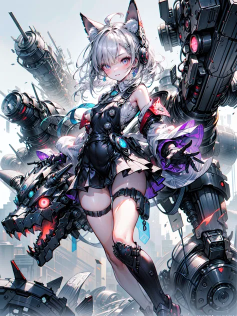 (((masterpiece, highest quality, very detailed))), ((ultra-photorealistic 3d)), cyborg girl with complex machine, machine armor、...