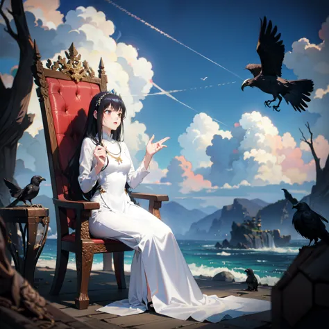 1girl, queen, crow, solo, aodai clotthing, hell, sitting throne, necklace, thunder, sky, cloud
 