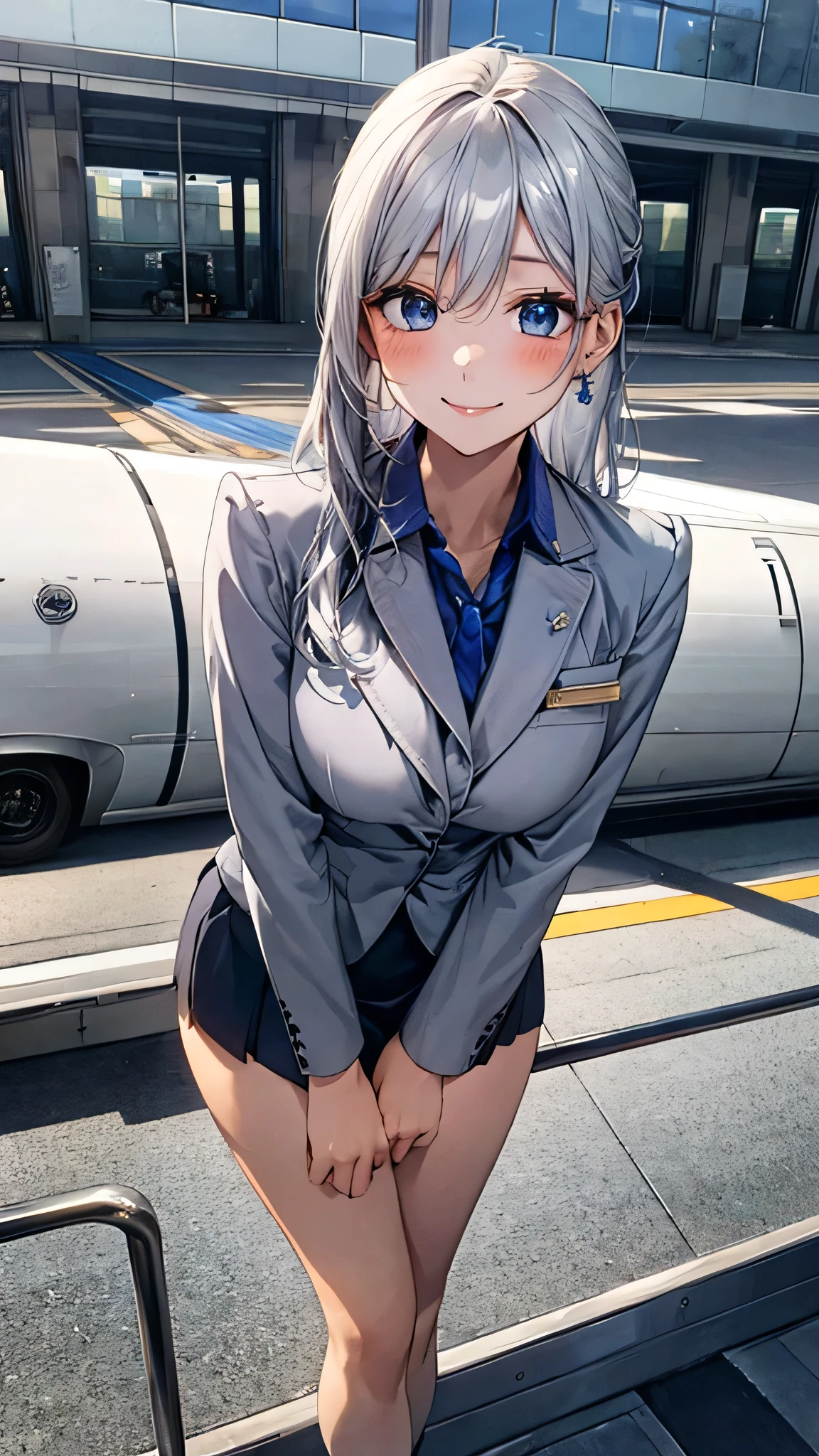 ((highest quality)), ((High resolution)), ((masterpiece)), (detailed), (photograph), 
View Viewer, Depth of written boundary, Anatomically correct, Mature Woman, flight attendant, Perfect Face, Cute and symmetrical face, Shiny skin, 
(Long Hair:1.4, Silver Hair), Hair between the eyes, blue eyes, Long Eyelashes, (Big Breasts:0.9, Thighs), 
Beautiful Hair, Beautiful Face, Beautiful fine details, Beautiful body, Beautiful breasts, Beautiful thighs, Beautiful feet,
(Shiny uniform),
(Beautiful views), evening, airport, walk, (Cute smile, Upward glance), 