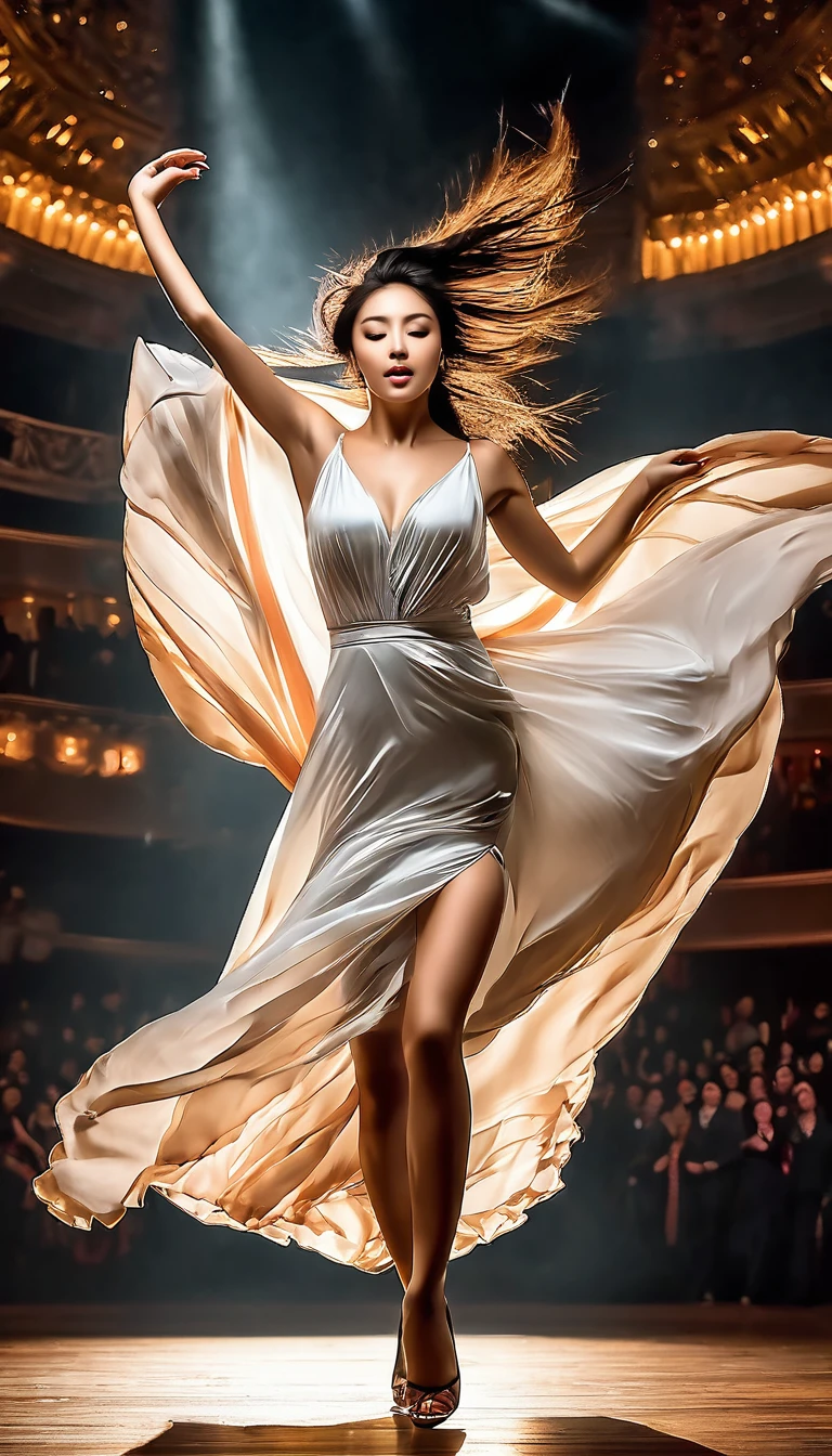 Motion Blur Portrait, Full body portrait, Time lapse photography of beautiful woman dancing on theater stage, Flying Business Long Hair, she、Wearing only the rags that adorn your natural appearance、Struggling to get out of his underwear。, Modest, Realistic, hyper-Realistic style,look up，Bottom-up，