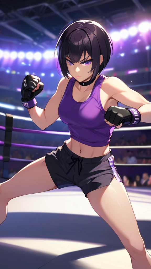 Anime-style female, high-resolution digital art, (MMA Arena :1.1), (Lighting:1.1), (Shadow:1.1), Tomboy Girl, Smart, Mature, Sexy, Short black hair, Black Plain chokers, purple pupil eyes, Wearing plain black Tank Top under Short Purple Jacket, Wear Gloves, Wear Short Pants, Fighting Pose, Intimidate.