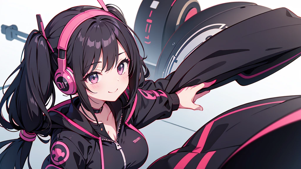 masterpiece,anime style,chibi,sexy girl,black hair,shoulder length hair with two pigtails,black jacket,with headphones,lo fi background,smiling,big breasts,listening to music,waiting on the right side of the image,
