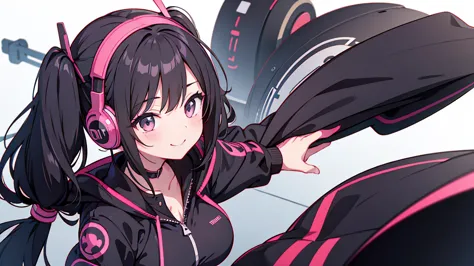 masterpiece,anime style,chibi,sexy girl,black hair,shoulder length hair with two pigtails,black jacket,with headphones,lo fi bac...