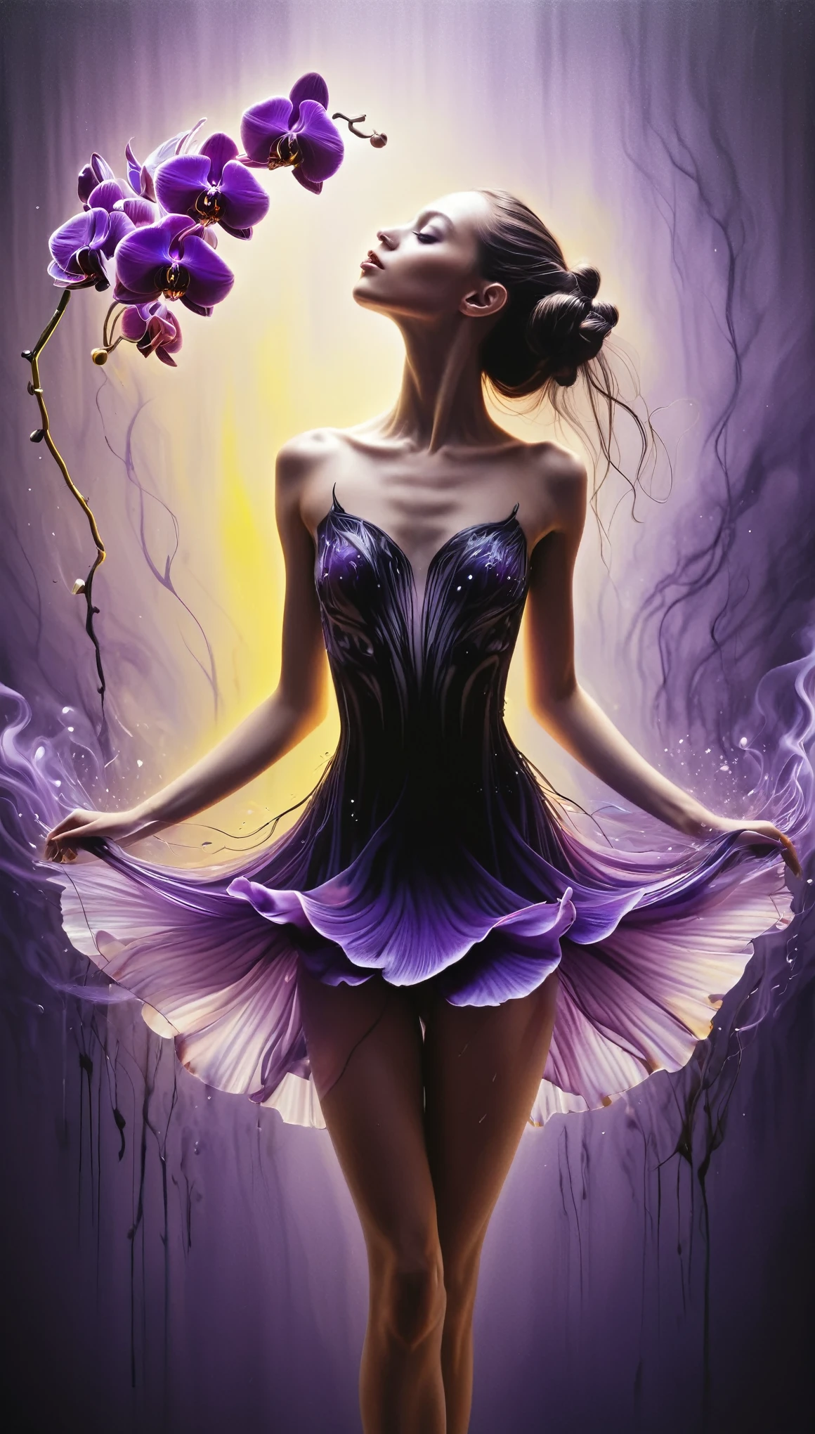 Hyper-realistic airbrushed drawing in the style of Marc Allante and Alan Aldridge, a black and purple orchid transitioning into a girl with a mystical double exposure, strands of her hair transforming into delicate leaves and petals that flutter with the motion of a ballerina, the scene bathed in magic yellow smoke that weaves through the composition, nature seamlessly blending with fantasy in a surreal dance of light and color