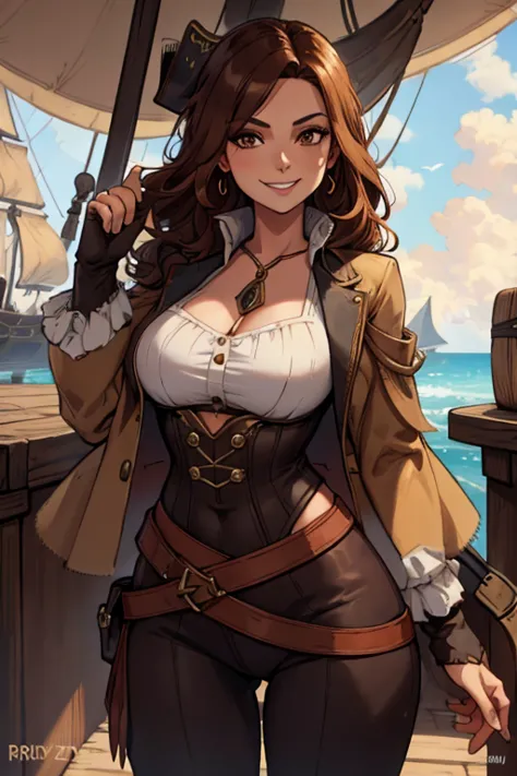 A brown haired woman with copper eyes and an hourglass figure in a pirate's outfit is getting on a pirate ship with a big smile....