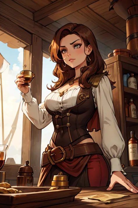 A brown haired woman with copper eyes and an hourglass figure in a pirate's outfit is counting gold coins in the captain's cabin