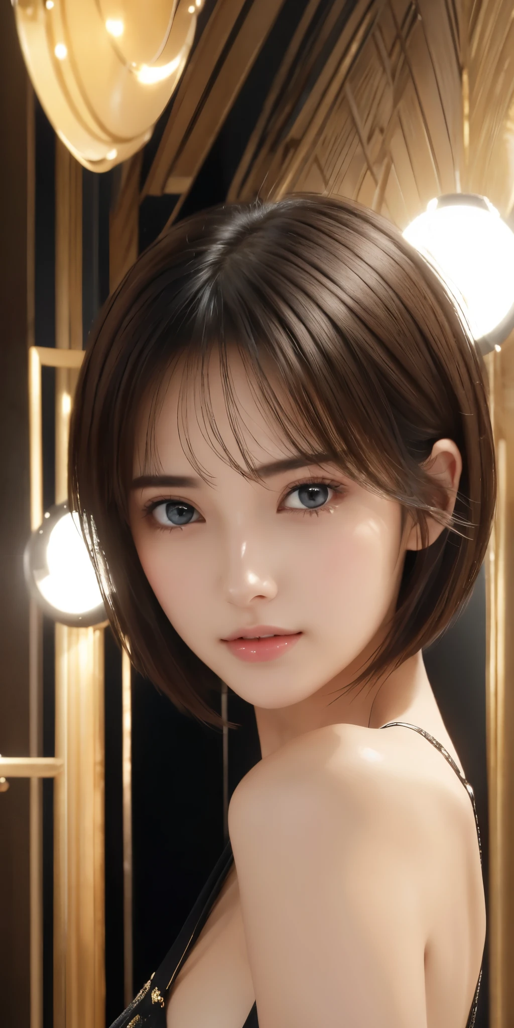 Photorealistic、highest quality、Highest quality、masterpiece、Ultra-high resolution、Raw photo、Realistic、Bright lighting、Face Light、Smooth Professional Lighting、Looking at the camera、alone、Adult women、Beautiful woman、Super Beauty、Realistic肌、Moisturized Skin、Realistic eyes and faces、Perfect model body shape、Beautiful Eyes、Big eyes、Inconspicuous tear bags、slim、Big Breasts、No bra、No makeup、Beautiful fingers、Very short hair、Dark black hair、dark black eyes、looks fun、(Both ears are hidden in the hair）、Fashion Model、Runway、Model Walk、fashion show、Cutting-edge fashion、mode