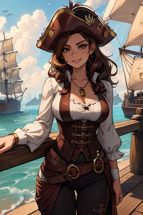 A brown haired woman with copper eyes and an hourglass figure in a pirate's outfit is smiling while leaning forward on a dock of...